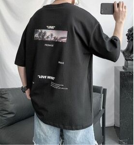 メンズ サンセット バックプリント 半袖 Tシャツ 韓国 ブラック