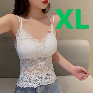 レースキャミソール カップ付 白 XL ブラトップ sexy 細見え 背中見せ ホワイト