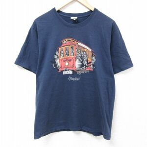 L/古着 Crazy Shirts 半袖 Tシャツ メンズ ネコ ハワイ コットン クルーネック 紺 ネイビー 24may31 中古