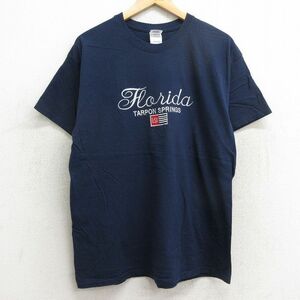 L/古着 半袖 ビンテージ Tシャツ メンズ 00s フロリダ 刺繍 コットン クルーネック 紺 ネイビー 24may31 中古