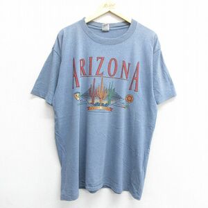 XL/古着 半袖 ビンテージ Tシャツ メンズ 90s アリゾナ サボテン 大きいサイズ コットン クルーネック 薄紺系 ネイビー 24may31 中古