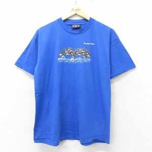 L/古着 半袖 ビンテージ Tシャツ メンズ 90s シャチ コットン クルーネック 青 ブルー 24jun01 中古