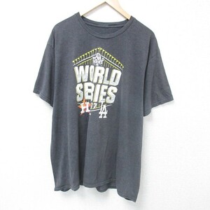 XL/古着 半袖 Tシャツ メンズ MLB ロサンゼルスドジャース ワールドシリーズ 大きいサイズ クルーネック 濃グレー 霜降り メジャーリーグ