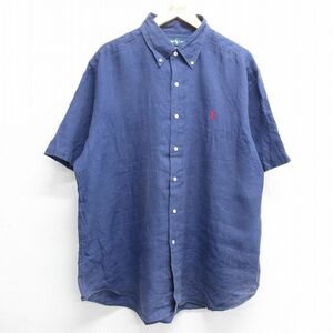 XL/古着 ラルフローレン 半袖 ブランド シャツ メンズ 90s ワンポイントロゴ ロング丈 大きいサイズ リネン ボタンダウン 紺 ネイビー 24ju