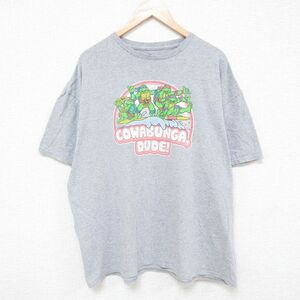 XL/古着 半袖 Tシャツ メンズ アニメ ミュータントタートルズ レオナルド ラファエロ 大きいサイズ クルーネック グレー 霜降り 24jun01 中