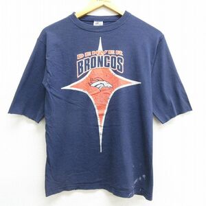 古着 スターター 半袖 ビンテージ Tシャツ キッズ ボーイズ 子供服 90s NFL デンバーブロンコス コットン クルーネック 紺 ネイビー 22 5OF