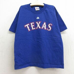 古着 マジェスティック 半袖 Tシャツ キッズ ボーイズ 子供服 MLB テキサスレンジャーズ マイケルヤング 10 コットン クルーネック 青 2OF