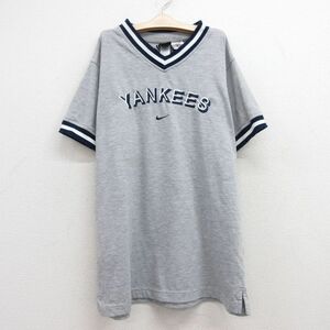 古着 ナイキ NIKE 半袖 ビンテージ Tシャツ キッズ ボーイズ 子供服 00s MLB ニューヨークヤンキース 刺繍 Vネック グレー 霜降り他 メ 2OF