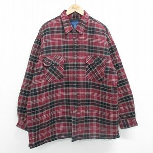 XL/古着 タウンクラフト 長袖 フランネル シャツ メンズ 90s 大きいサイズ ロング丈 コットン エンジ他 チェック 内側キルティング 23n 2OF