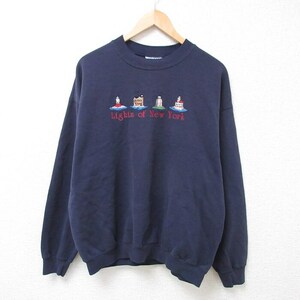 XL/古着 リー Lee 長袖 スウェット メンズ 90s ニューヨーク 灯台 刺繍 クルーネック 紺 ネイビー 24jan23 中古 スエット トレーナー 2OF