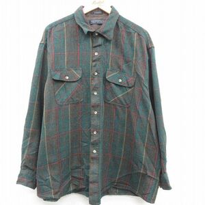 XL/古着 バンヒューセン 長袖 ウール シャツ メンズ 90s 大きいサイズ ロング丈 濃緑他 グリーン チェック 23feb02 中古 トップス 5OF