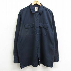 XL/古着 ディッキーズ Dickies 長袖 ワーク シャツ メンズ 大きいサイズ ロング丈 紺 ネイビー 24jan24 中古 トップス 2OF