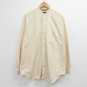 XL/古着 ノーティカ 長袖 ブランド シャツ メンズ 90s ワンポイントロゴ 千鳥格子 ロング丈 リネン ノーカラー ベージュ系他 カーキ 23 2OF