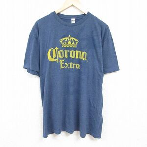 XL/古着 半袖 Tシャツ メンズ コロナ ビール 大きいサイズ クルーネック 薄紺 ネイビー 霜降り 24mar12 中古 2OF