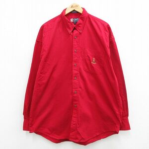 XL/古着 ラルフローレン チャップス 長袖 ブランド シャツ メンズ 90s ワンポイントロゴ 大きいサイズ コットン ボタンダウン 赤 レッ 2OF