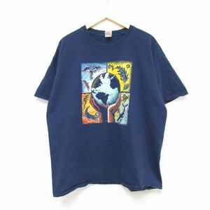 XL/古着 半袖 Tシャツ メンズ 地球 コットン クルーネック 紺 ネイビー 23apr15 中古 2OF