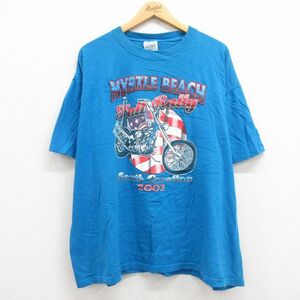 XL/古着 半袖 ビンテージ Tシャツ メンズ 00s バイク マートルビーチ 大きいサイズ コットン クルーネック 水色 23jun14 中古 2OF