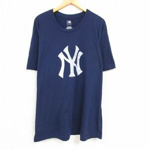 XL/古着 半袖 Tシャツ メンズ MLB ニューヨークヤンキース 大きいサイズ クルーネック 紺 ネイビー メジャーリーグ ベースボール 野球 2OF