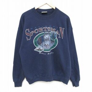 L/古着 長袖 スウェット メンズ 90s オオカミ クルーネック 紺 ネイビー 23nov22 中古 スエット トレーナー トップス 2OF