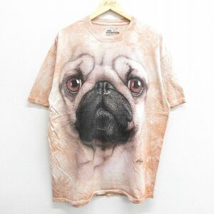 XL/古着 半袖 Tシャツ メンズ 犬 パグ 大きいサイズ コットン クルーネック 茶 ブラウン タイダイ 23sep08 中古 2OF