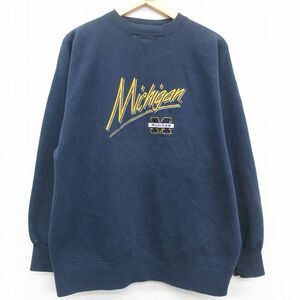 XL/古着 長袖 スウェット メンズ 00s ミシガン 刺繍 クルーネック 紺 ネイビー 23apr24 中古 スエット トレーナー トップス 2OF