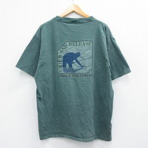 XL/古着 半袖 ビンテージ Tシャツ メンズ 90s キャッチアンドリリース 釣り 大きいサイズ コットン クルーネック 緑 グリーン 23jun29 2OF