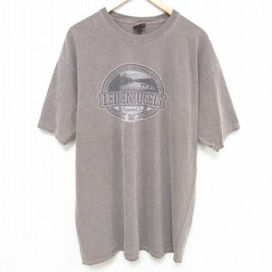 XL/古着 半袖 Tシャツ メンズ 木 湖 大きいサイズ ロング丈 コットン クルーネック 薄こげ茶 ブラウン 24mar05 中古 2OF