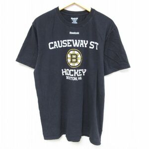 L/古着 リーボック REEBOK 半袖 ブランド Tシャツ メンズ NHL ボストンブルーインズ コットン クルーネック 黒 ブラック アイスホッケ 2OF