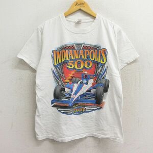 L/古着 半袖 Tシャツ メンズ レーシングカー インディアナポリス コットン クルーネック 白 ホワイト 23jul04 中古 2OF