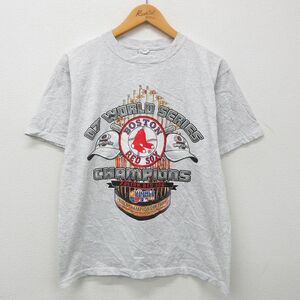 L/古着 半袖 ビンテージ Tシャツ メンズ 00s MLB ボストンレッドソックス ワールドシリーズ クルーネック 薄グレー 霜降り メジャーリ 5OF