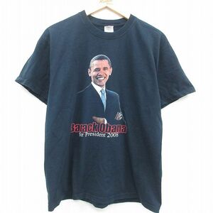 L/古着 半袖 ビンテージ Tシャツ メンズ 00s バラクオバマ 大統領 コットン クルーネック 黒 ブラック 23jun22 中古 2OF