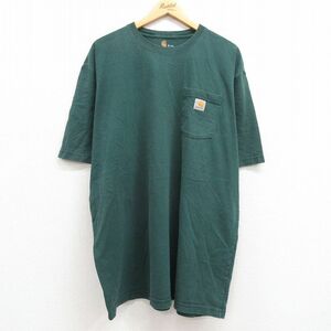 XL/古着 カーハート 半袖 ブランド Tシャツ メンズ 胸ポケット付き 大きいサイズ ロング丈 コットン クルーネック 濃緑 グリーン 23jun 2OF