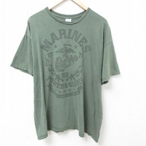 XL/古着 半袖 Tシャツ メンズ ミリタリー マリーンズ 大きいサイズ コットン クルーネック 濃緑 グリーン 24mar11 中古 2OF