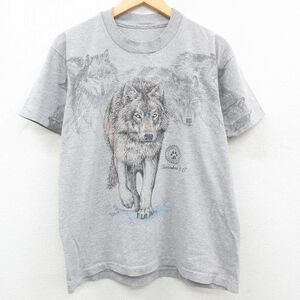 L/古着 半袖 ビンテージ Tシャツ メンズ 90s オオカミ クルーネック グレー 霜降り 23may26 中古 2OF