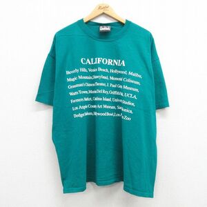 XL/古着 半袖 ビンテージ Tシャツ メンズ 90s カリフォルニア ビバリーヒルズ 大きいサイズ コットン クルーネック 青緑 23jun07 中古 2OF