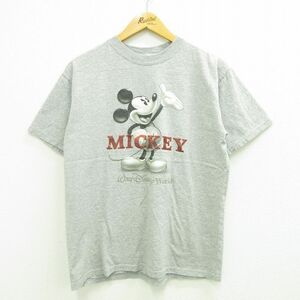 L/古着 半袖 ビンテージ Tシャツ メンズ 00s ディズニー ミッキー クルーネック グレー 霜降り 23jul12 中古 2OF