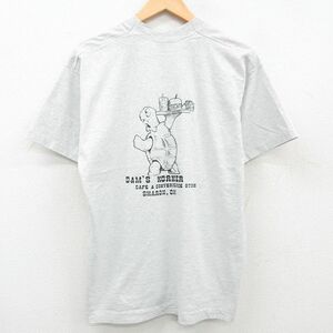 XL/古着 半袖 ビンテージ Tシャツ メンズ 90s カメ ハンバーガー フロッキープリント クルーネック 薄グレー 霜降り 23jul11 中古 2OF