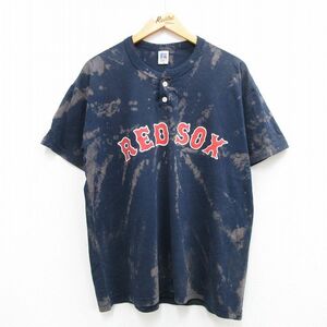 XL/古着 ラッセル 半袖 ビンテージ Tシャツ メンズ 00s MLB ボストンレッドソックス ヘンリーネック 紺他 ネイビー ブリーチ加工 メジ 2OF