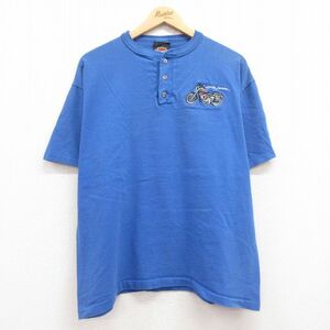 XL/古着 ハーレーダビッドソン 半袖 ビンテージ Tシャツ メンズ 90s バイク コットン ヘンリーネック 青 ブルー 24feb24 中古 2OF