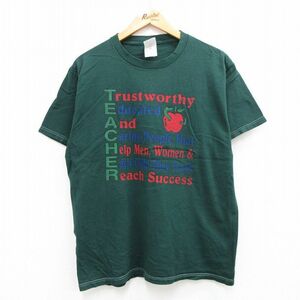 L/古着 フルーツオブザルーム 半袖 ビンテージ Tシャツ メンズ 90s りんご TEACHER コットン クルーネック 濃緑 グリーン 23aug17 中古 2OF