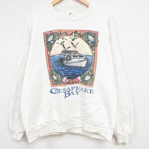 XL/古着 ジャージーズ 長袖 スウェット メンズ 90s チェサピーク 船 海 大きいサイズ クルーネック 生成り 23oct20 中古 スエット トレ 2OF