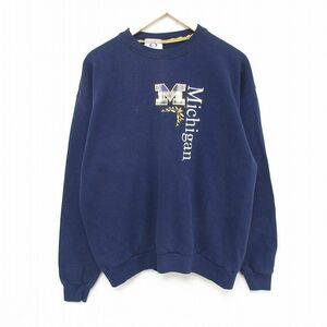 L/古着 長袖 スウェット メンズ 90s ミシガン 刺繍 クルーネック 紺 ネイビー 23oct27 中古 スエット トレーナー トップス 2OF