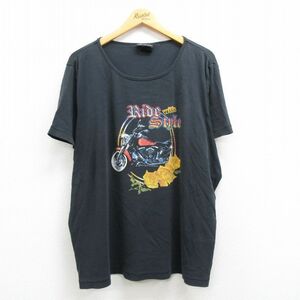 XL/古着 半袖 ビンテージ Tシャツ メンズ 00s バイク バラ ラメ 大きいサイズ クルーネック 黒 ブラック 22may11 中古 5OF