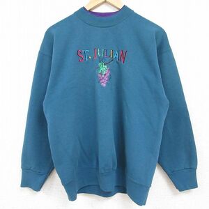 M/古着 SIGNAL 長袖 スウェット メンズ 90s ブドウ セントジュリアン 刺繍 モックネック ハイネック 青緑 24jan18 中古 スエット トレ 2OF