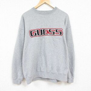 XL/古着 ゲス GUESS 長袖 スウェット メンズ ビッグロゴ 刺繍 大きいサイズ クルーネック グレー 霜降り 24jan16 中古 スエット トレー 2OF