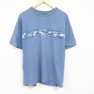 XL/古着 半袖 Tシャツ メンズ 魚 大きいサイズ コットン クルーネック 薄紺 ネイビー 24mar16 中古 2OF