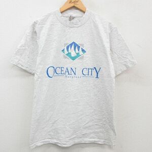 L/古着 半袖 ビンテージ Tシャツ メンズ 90s OCEAN ヨット コットン クルーネック 薄グレー 霜降り 23mar17 中古 5OF