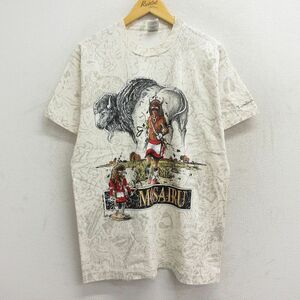L/古着 半袖 ビンテージ Tシャツ メンズ 90s インディアン バッファロー MOSAIRU コットン クルーネック 薄ベージュ他 カーキ spe 23ju 2OF