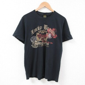 L/古着 ラッキーブランド Lucky Brand 半袖 ブランド Tシャツ メンズ 羽 コットン クルーネック 黒 ブラック 23aug03 中古 2OF