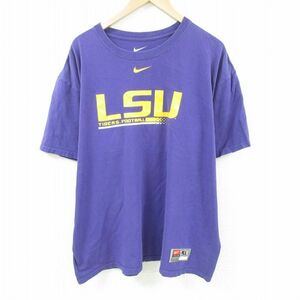 XL/古着 ナイキ NIKE 半袖 Tシャツ メンズ LSU フットボール 大きいサイズ コットン クルーネック 紫 パープル 23aug16 中古 2OF